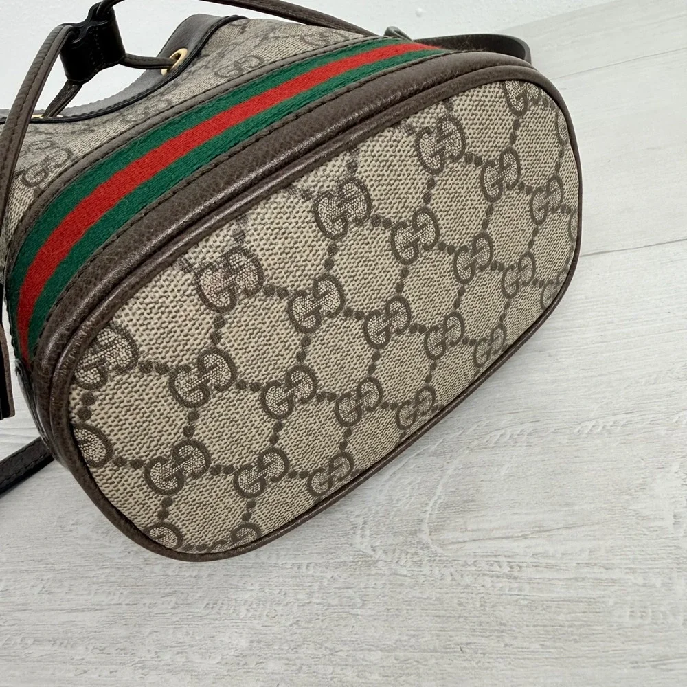 Gucci Ophidia Mini Bucket Crossbody Bag GG Supreme Web Stripe Tassel Luxury Chic